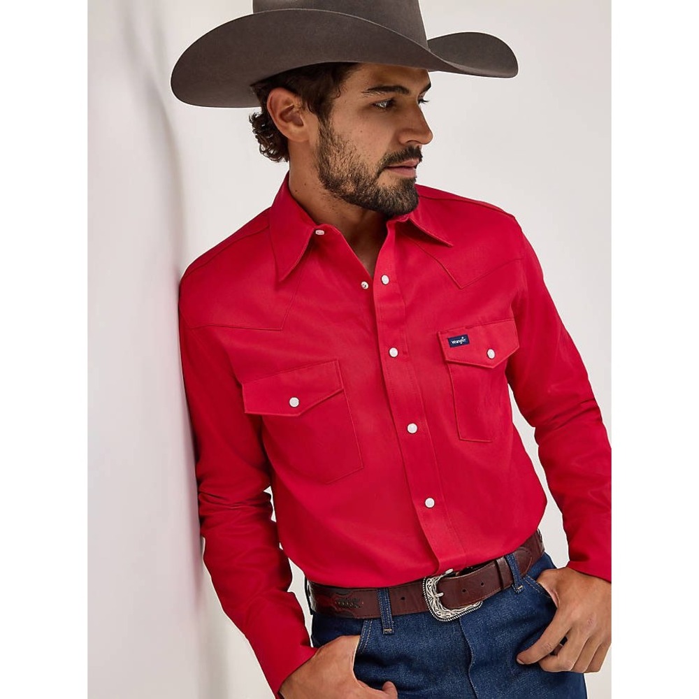 Wrangler Mens Cowboy Cut Western Snap Shirt Red Cotton Twill Size M